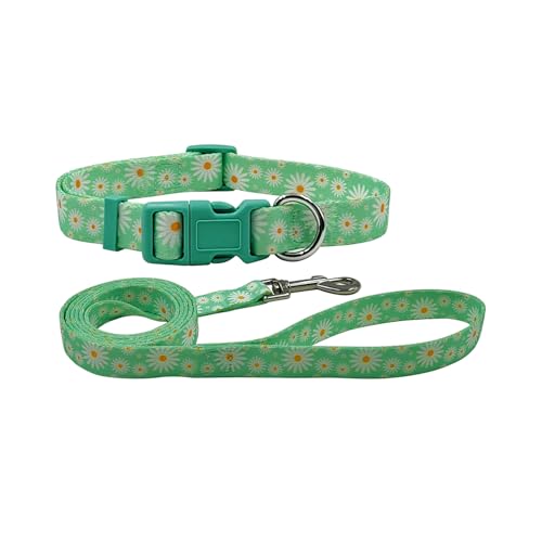 Olahibi Hundehalsband und Leine, niedliches Gänseblümchen-Blumenmuster, Polyester-Material, 1,5 m lange Leine, für mittelgroße Hunde (Größe M, Hellgrünes Gänseblümchen) von Olahibi