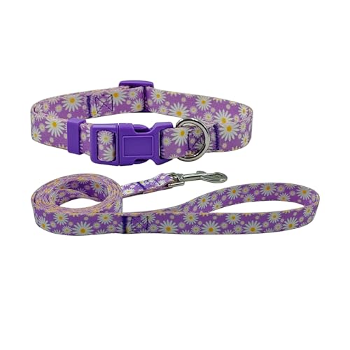Olahibi Hundehalsband und Leine, niedliches Gänseblümchen-Blumenmuster, Polyester-Material, 1,5 m lange Leine, für mittelgroße Hunde (Größe M, Hellviolettes Gänseblümchen) von Olahibi