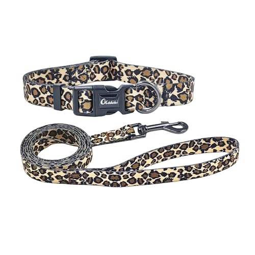 Olahibi Polyester-Hundehalsband-Set, Leopardenmuster Halsband und 1,5 m passende Leine für Welpenhunde. (XS, Leoparden-Set) von Olahibi