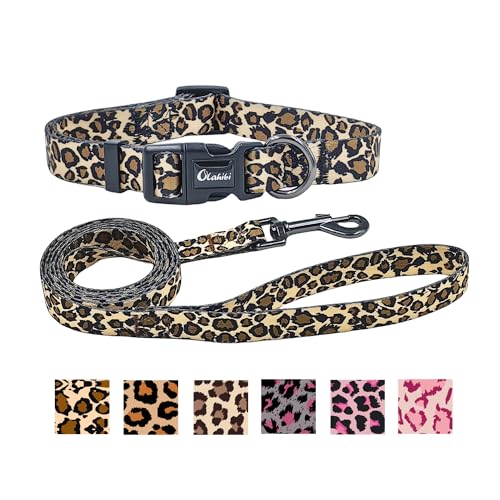 Olahibi Set aus Hundehalsband und Leine, Leopardenmuster, Polyester-Material, 150 cm, passende Leine, für mittelgroße Hunde, Größe M, brauner Leopardenmuster von Olahibi