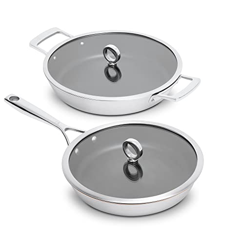 Olavson Pfannenset, Kupferpfanne, Induktion, mit Deckel, Antihaft, PFOA-frei, Keramik verstärkt, Pfanne beschichtet, Bratpfanne, Spülmaschinenfest, Edelstahl (26cm Stielgriff | 30cm Servierpfanne) von Olav