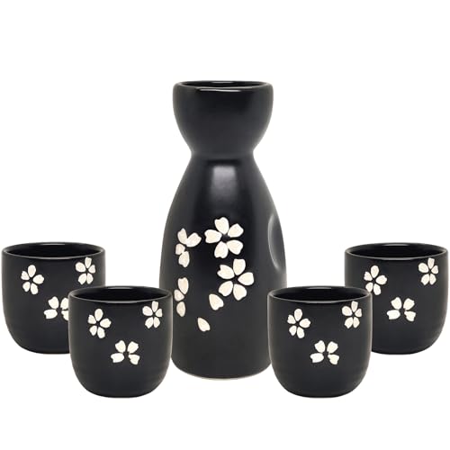 Sake-Set, 5-teilig, 200 ml, Sake-Topf, 50 ml, japanisches traditionelles handbemaltes Design, Porzellan, Keramik, Tassen, Basteln, Weingläser (schwarz) von Old Craftsmen's