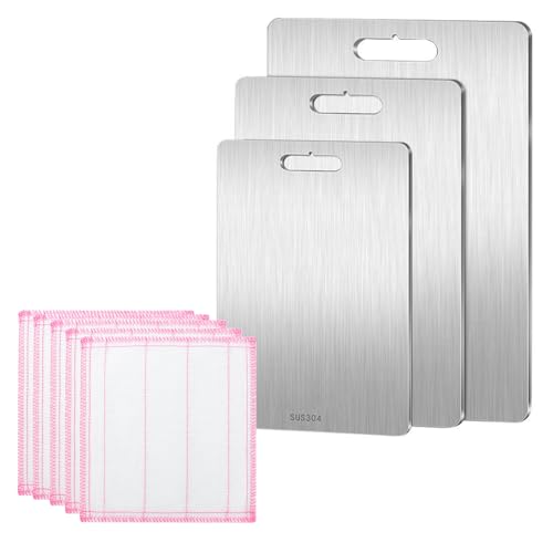 3Pcs Titan Schneidebrett, 304 Edelstahl BPA-frei Titanium Schneidebrett Lebensmittel Grade Doppelseitig Titanium Cutting Board, Schneidbretter für Fleisch Gemüse Obst (39x28cm, 34x23cm, 29x20cm) von OldPAPA