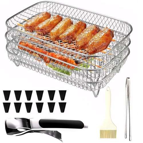 Airfryer Zubehör, 3 Schichten Stapelbar Air Fryer Racks 20x20cm mit 12Pcs Silikonhüllen + 2Pcs Clip + Bürste, Gitter Grillrost Set für Fleisch Pommes Hähnchenflügel Gemüse Barbecue Ofen Airfryer Zubehör, 3 Schichten Stapelbar Air Fryer Racks 20x20cm mit 12Pcs Silikonhüllen + 2Pcs Clip + Bürste, Gitter Grillrost Set für Fleisch Pommes Hähnchenflügel Gemüse Barbecue Ofen von OldPAPA