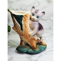 Vintage Royal Copley Katze Auf Einem Baum Pflanzgefäß Vase von OldSchoolOddButCool