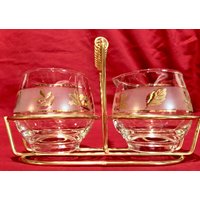 Libbey Glascreme Und Zucker Set, Gefrostet Band Mit Gold Blätter Metall Servierträger von OldSoulAntiquesNsuch