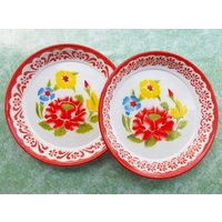 Teller Thai Emaille Ware Zink Tablett Schale 2 Set Stk 15" Pfanne Vintage Antik Floral Rose Rot Küche Unbenannt von OldTimeSiam