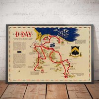 Alte Karte Der D-Day Landungen in Normandie, 1944 - 743rd Tank Battalion Nordfrankreich Us Army World War 2 Gerahmt, Ungerahmt von OldmapsShop