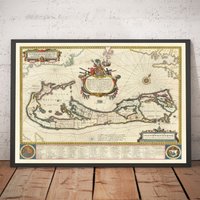 Alte Karte Von Bermuda, 1640 Willem Blaeu - Somers Isles Naval Chart Stämme, Gemeinden Und Ursprüngliche Aktionäre Gerahmt, Ungerahmt von OldmapsShop