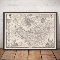 Alte Karte Von Cheshire 1611 John Speed - Chester, Warrington, Crewe, Runcorn, Liverpool, Merseyside Monochrom Gerahmt, Ungerahmt von OldmapsShop