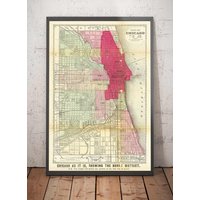 Alte Karte Von Chicago Nach Dem Großen Brand, 1871, Gaylord Watson - Innenstadt, Lake Michigan, Fluss, Wards, Verbranntes Viertel Gerahmtes von OldmapsShop