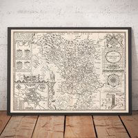 Alte Karte Von Derbyshire, 1611 John Speed - Derby, Chesterfield, Buxton, Peak District Monochrom Gerahmt, Ungerahmt von OldmapsShop