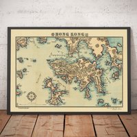 Alte Karte Von Hong Kong, 1924 Sung Chun Wa - Central, Kowloon, Damm, Victoria Hafen, Inseln, Berge, Lamma Geschenk Gerahmt, Ungerahmt von OldmapsShop