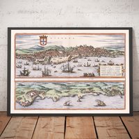 Alte Karte Von Lissabon, Portugal Georg Braun 1572 - Burg, Kathedrale, Stadtmauern, Innenstadt, Alte Straßen Gerahmt, Ungerahmt von OldmapsShop