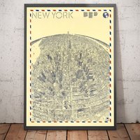 Alte Karte Von New York 1982 - Manhattan, Midtown, Empire State, Chrysler, Twin Towers, Central Park 5Th Avenue Handcoloriert Gerahmt Ungerahmt von OldmapsShop