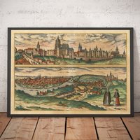 Alte Karte Von Prag, Tschechien Georg Braun, 1572 - Böhmen, Burg, Moldau, Teyn Kirche, Altstadt, Mala Strana Gerahmt, Ungerahmt von OldmapsShop