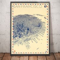 Alte Karte Von San Francisco 1982 - Wolkenkratzer, Bay Area, Golden Gate Bridge, Bankenviertel, Nob Hill Handcoloriert Gerahmt Ungerahmt von OldmapsShop