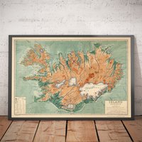 Alte Landkarte Von Island Vonsamuel Eggertsson, 1928 - Reykjavik, Keflavik, Geysir, Gulfoss, Vulkane, Gletscher Gerahmt, Ungerahmt von OldmapsShop