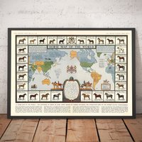 Alte Pferdekarte, 1936 - Old World Atlas Chart, Ursprünge Der Rassen Vollblut, Mustang, Shire, Polo Pony, Araber Gerahmt, Ungerahmt von OldmapsShop