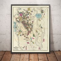 Seltene Alte Karte Von Seattle, Washington, 1890 Op Anderson - Downtown, Lakes, Puget, Bay, Mercer, Trainlines Gerahmtes Ungerahmtes Geschenk von OldmapsShop