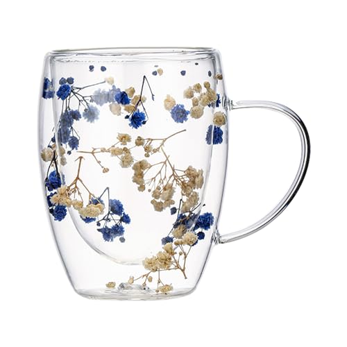 350ml Blumen Doppelschicht Glasbecher, Trockenblumen-Doppelglas, Doppelwandige Glasbecher Tasse Mit Trockenen Blumen, hohe Borosilikatglas, Isolierte Kaffeetasse Für Kalte Und Heiße Getränke von Oldmoom