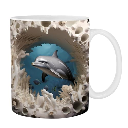 Oldmoom 3D-Delphin-Kaffeetasse, 3D flache bemalte Keramik-Kaffeetassen, Delfin-Tasse, neuartige Kaffeetasse aus Keramik, 325 ml, Urlaubs- und Geburtstagsgeschenk für Kaffee-, Milch- und Teeliebhaber von Oldmoom