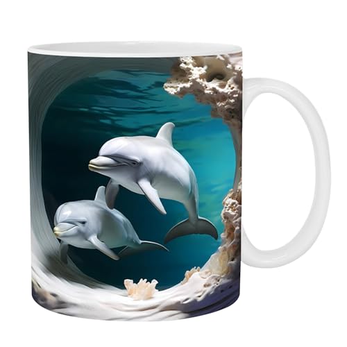 Oldmoom 3D-Delphin-Kaffeetasse,Niedliche Tassen, Keramik-Kaffeetassen mit 3D-Flachlack-Design - Neuartiges Delfin-Dekor, 325 ml, für Kaffee-Milch-Tee-Liebhaber, Keramikbecher für Damen und Herren von Oldmoom