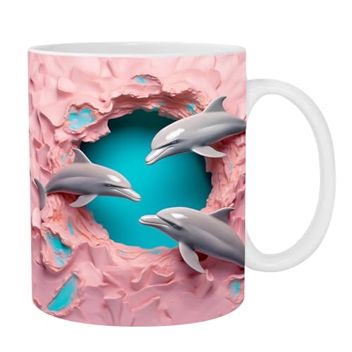Oldmoom 3D-Delphin-Keramikbecher - Neuheit 3D flache bemalte süße Tassen | Kaffeetassen Neuheit Kaffeetasse 11oz Keramik Delfin Dekor für Kaffee-Milch-Tee-Liebhaber von Oldmoom