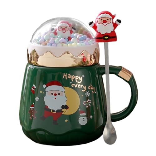 Oldmoom 500ml Weihnachtstasse, Weihnachtsbecher, Keramik Kaffeetasse Weihnachtsbecher mit Deckel Löffel, Weihnachtsmann Keramik Kaffeebecher, Kaffeetasse Teetasse Milchtasse für Heiß- & Kaltgetränke von Oldmoom