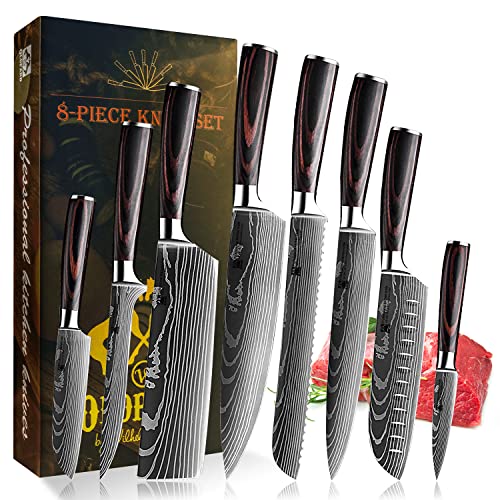 Professional Kitchen Knife Set | Chef's Knife, Santoku & Bread Knives and Others | Stainless Steel Laser Pattern with Pakkawood Handle | Gift Box Set von Oldpard