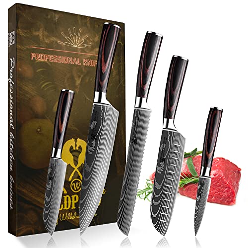 Professional Kitchen Knife Set | Chef's Knife, Santoku & Bread Knives and Others | Stainless Steel Laser Pattern with Pakkawood Handle | Gift Box Set von Oldpard