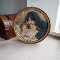 Antikes Religiöses Gemälde Im Runden Holzrahmen - Madonna Und Kind Gerahmtes Kunstwerk Runde Wandbehang von OldtimerBeauties