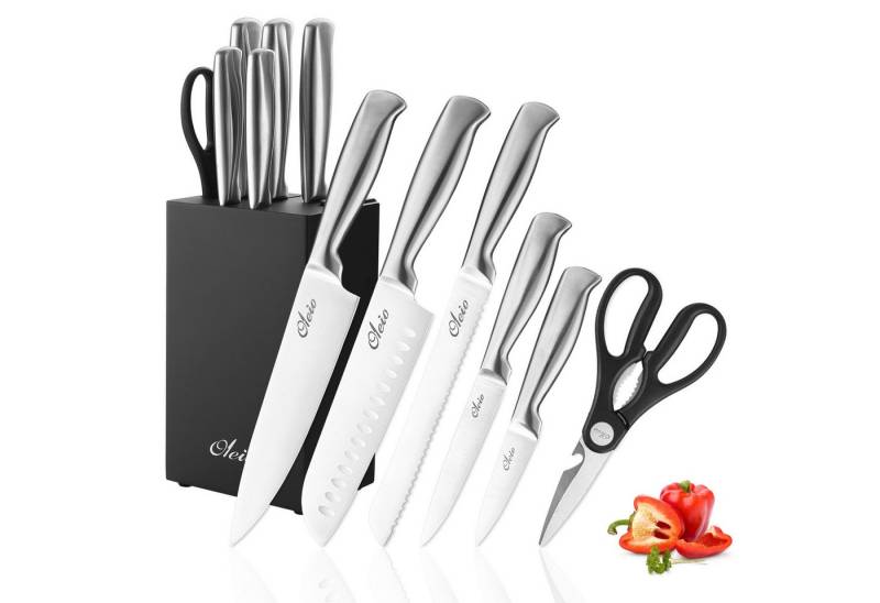 Oleio Messer-Set Maestro 6-tlg. Küchenmesser Set mit schwarzem Block und Messerschärfer (Messerset mit Block, 6-tlg., 5 Messer, Küchenschere, Block mit Messerschärfer), 5er Messerset, Akazienholz-Block von Oleio