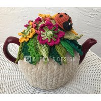 Gehäkelte Teewärmer Beige Daisy Weißes Gänseblümchen Marienkäfer Grün Küchenaccessoire Gehäkelt High Tea von OlenasDesign