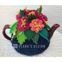 Gehäkelte Teewärmer Blau Frühlingsblume Rosa Kamelien Grün Küchenaccessoire Gehäkelt von OlenasDesign