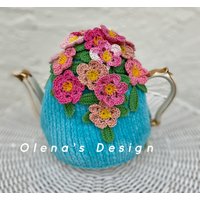 Gehäkelte Teewärmer Blau Kirschblüte Gehäkelte Blume Grün Küchenaccessoire Gehäkelt High Tee Accessoire Deko von OlenasDesign