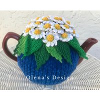 Gehäkelte Teewärmer Blauer Gänseblümchen Weißes Blume Grün Küchenaccessoire Gehäkelt High Tee Accessoire von OlenasDesign