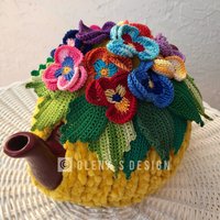 Gehäkelte Teewärmer Gelb Stiefmütterchen Gehäkelte Blume Grün Küchenaccessoire Gehäkelt High Tee Accessoire Dekor von OlenasDesign