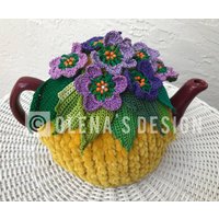 Gehäkelte Teewärmer Gelb Teebezug Frühlingsblume Violett Grün Küchenaccessoire Gehäkelt High Tea Accessoire von OlenasDesign