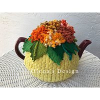 Gehäkelte Teewärmer Gelb Teebezug Orange Aster Herbstblumen Gehäkelt Grün Küchenaccessoire Häkeln High Tee Dekor von OlenasDesign