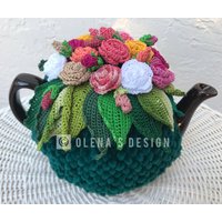Gehäkelte Teewärmer Grün Frühlingsblume Rosa Gelbe Rosen Küchenaccessoire Gehäkelt von OlenasDesign