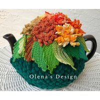 Gehäkelte Teewärmer Grün Orange Gelb Aster Herbstblumen Küchenaccessoires Gehäkeltes Accessoire von OlenasDesign