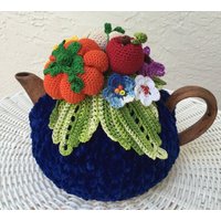 Gehäkelter Teewärmer Blau, Sonnenblume, Blauer Teewärmer, Kürbis, Herbst Küchenaccessoire, Gehäkelte Herbstdeko von OlenasDesign