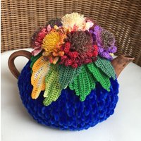 Gehäkelter Teewärmer Blau Herbstblume Grün Gehäkelte von OlenasDesign