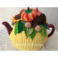 Gehäkelter Teewärmer Gelb Kürbis Pilz Tannenzapfen Eichel Sonnenblume Gehäkelt Gelber Herbst Ernte Grün Accessoire Küche von OlenasDesign