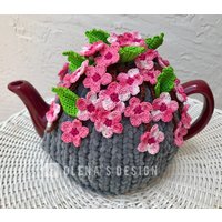 Gehäkelter Teewärmer Grau Teegedeck Kirschblüte Gehäkelt Sakura Blüte Grün Küchenaccessoire High Tee Accessoire von OlenasDesign