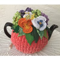Gehäkelter Teewärmer Lachsfarben Gehäkelte Blume Grün Küchenaccessoire Gehäkelt High von OlenasDesign