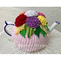 Gehäkelter Teewärmer Rosa Teebezug Gehäkelt Dahlie Herbst Blume Grün Ernte Accessoire von OlenasDesign