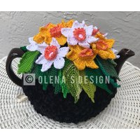 Gehäkelter Teewärmer Schwarz Blumen Grün Küche Accessoire Gehäkelt High Tea Dekor von OlenasDesign