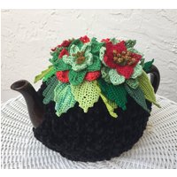 Gehäkelter Teewärmer Schwarz Weihnachtsstern Gehäkelte Blume Grün Gehäkelt von OlenasDesign